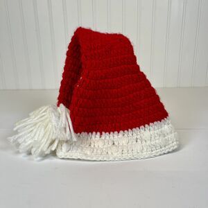 Santa Christmas Hat Hand Knit Red W/White Tassel Pompom Newborn-3 Mo. Photo Wear